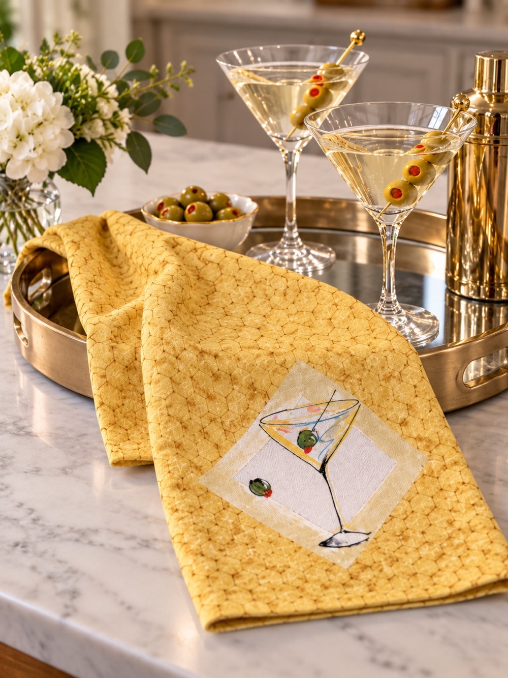 Tea Towel Martini Linen Cocktail Napkin Embellished Wheat Honeycomb Print